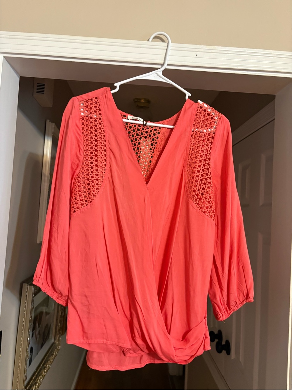 Solitaire Coral Openwork V-Neck Blouse. New
